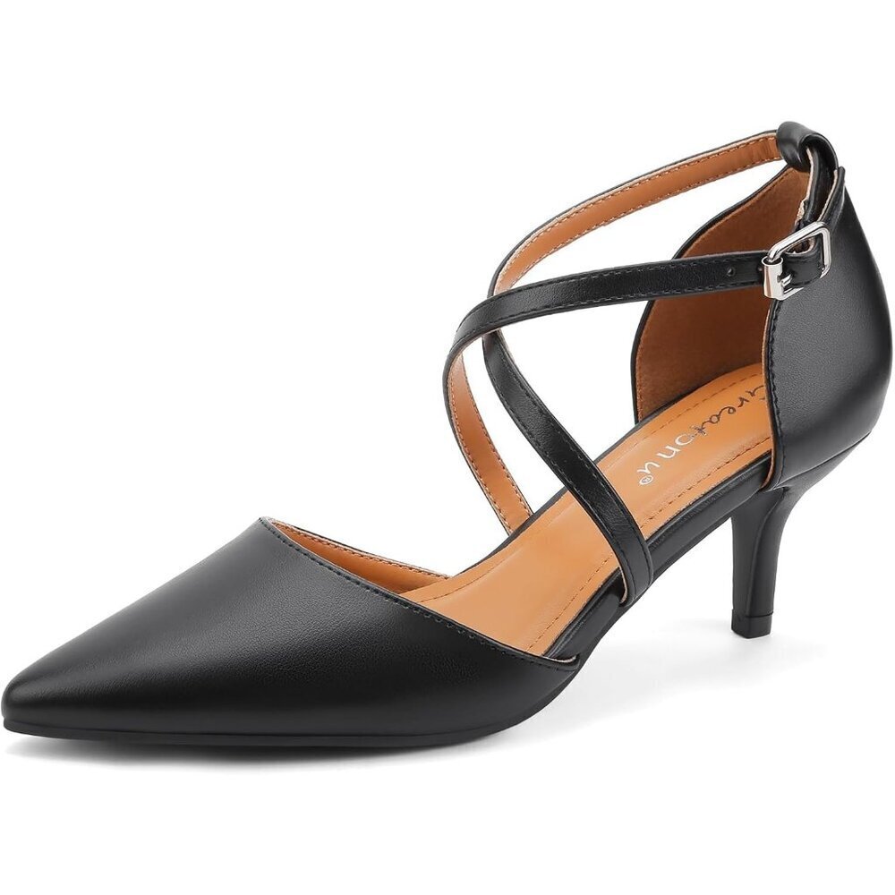 Women's Black Polyurethane Closed Pointed Toe Cross Strap Low Kitten Heel Pumps